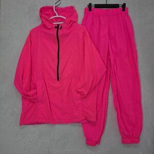 VTG Shell Shock Womens 2 Pc Track Jogger Suit Size Lg 80s Hot Pink BRIGHT
